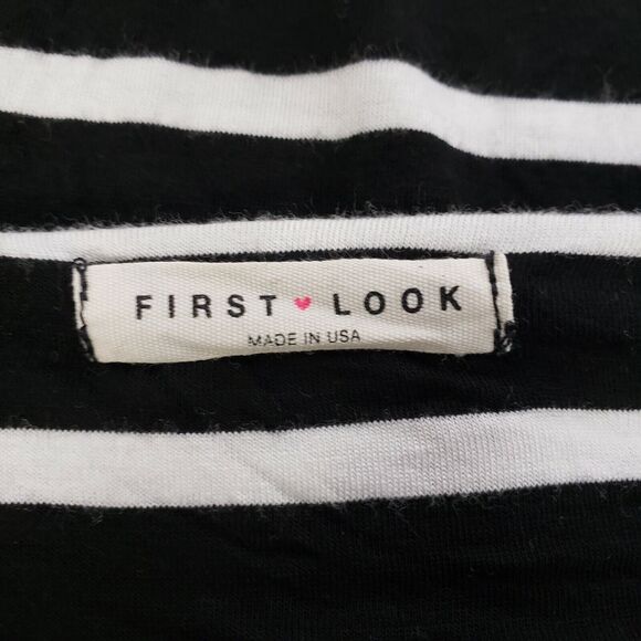 First Look Womens Tunic Top Large Black White Striped Knit Elbow Patches Pocket - Picture 7 of 9